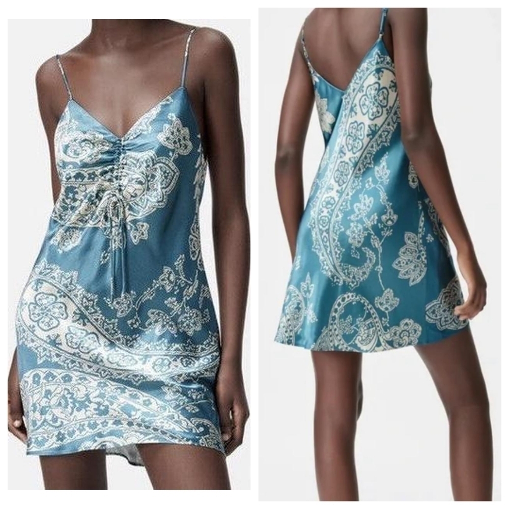 ZARA Teal and Cream Paisley Babydoll Slip Mini Dress Soft Satin Romantic